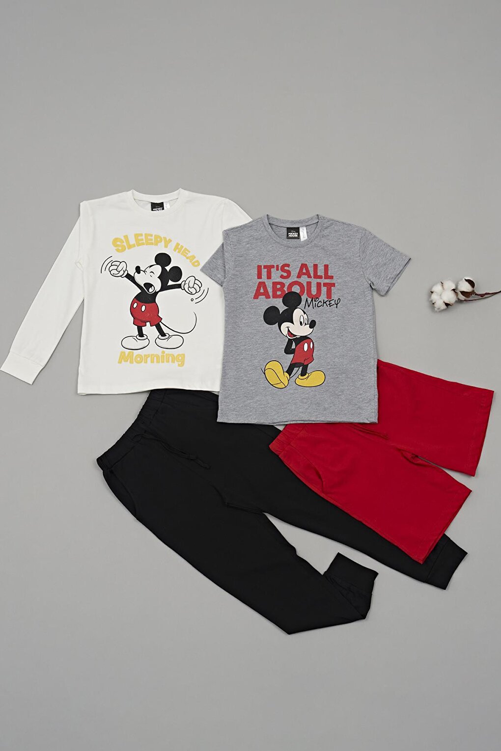 4-Piece Mickey Mouse Printed Tshirt Shorts Trousers Set