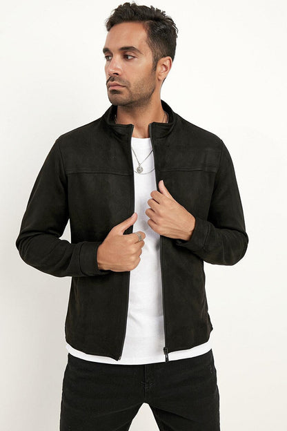 Slim Fit Stand Collar Suede Jacket