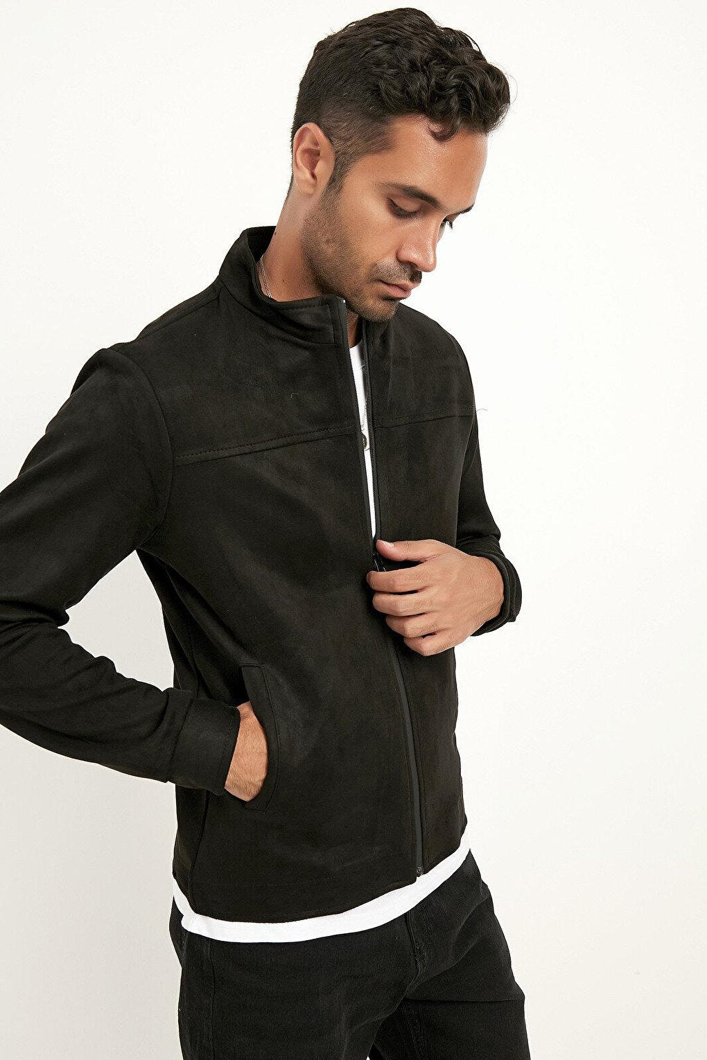 Slim Fit Stand Collar Suede Jacket