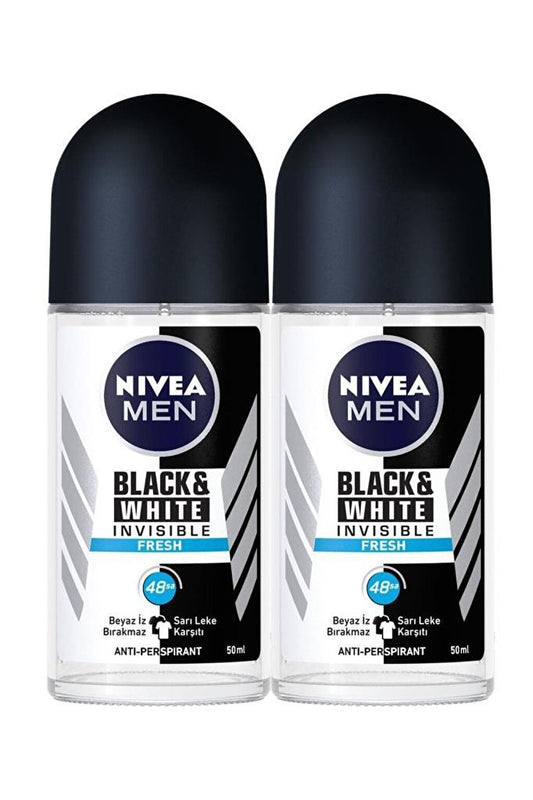 Men Invisible Black &amp; White Fresh Men's Deodorant Roll-On 50 ml x2 Pieces, 48 Hours Anti-Perspirant