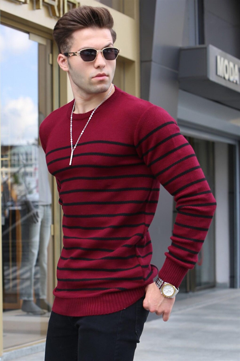 Claret Red Striped Crew Neck Knitwear Sweater 5992