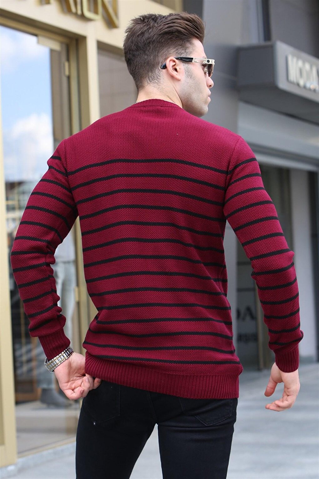 Claret Red Striped Crew Neck Knitwear Sweater 5992