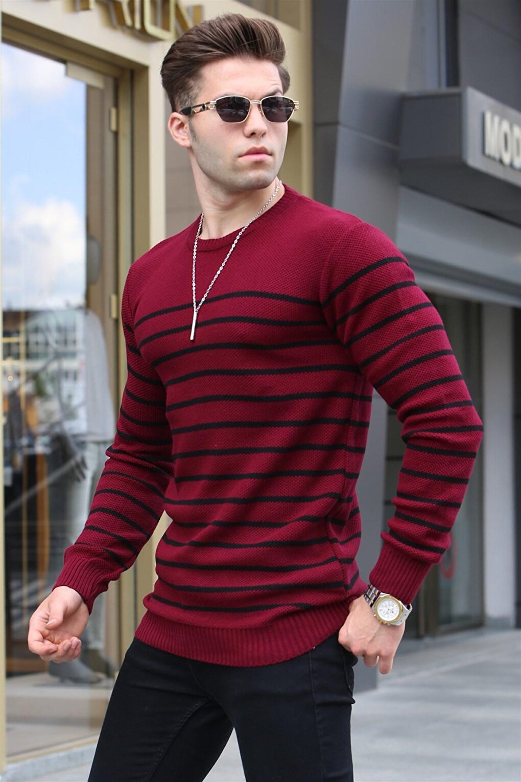 Claret Red Striped Crew Neck Knitwear Sweater 5992