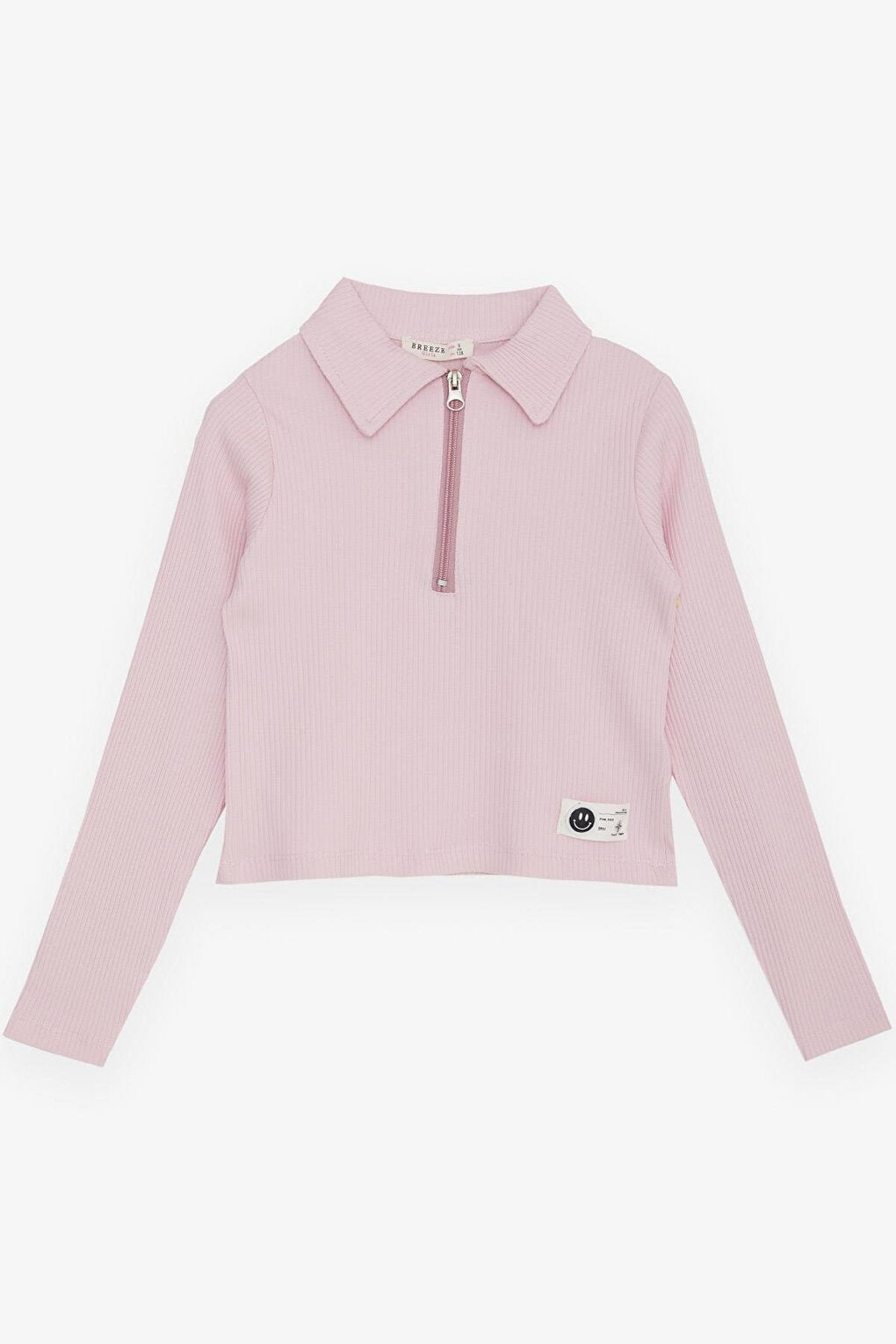 Girl's Long Sleeve Crop T-Shirt Polo Neck Half Zipper Pink with Smiling Face Crest (8-14 Years)