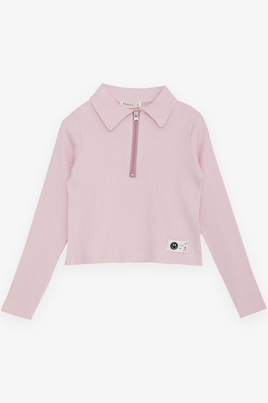 Girl's Long Sleeve Crop T-Shirt Polo Neck Half Zipper Pink with Smiling Face Crest (8-14 Years)