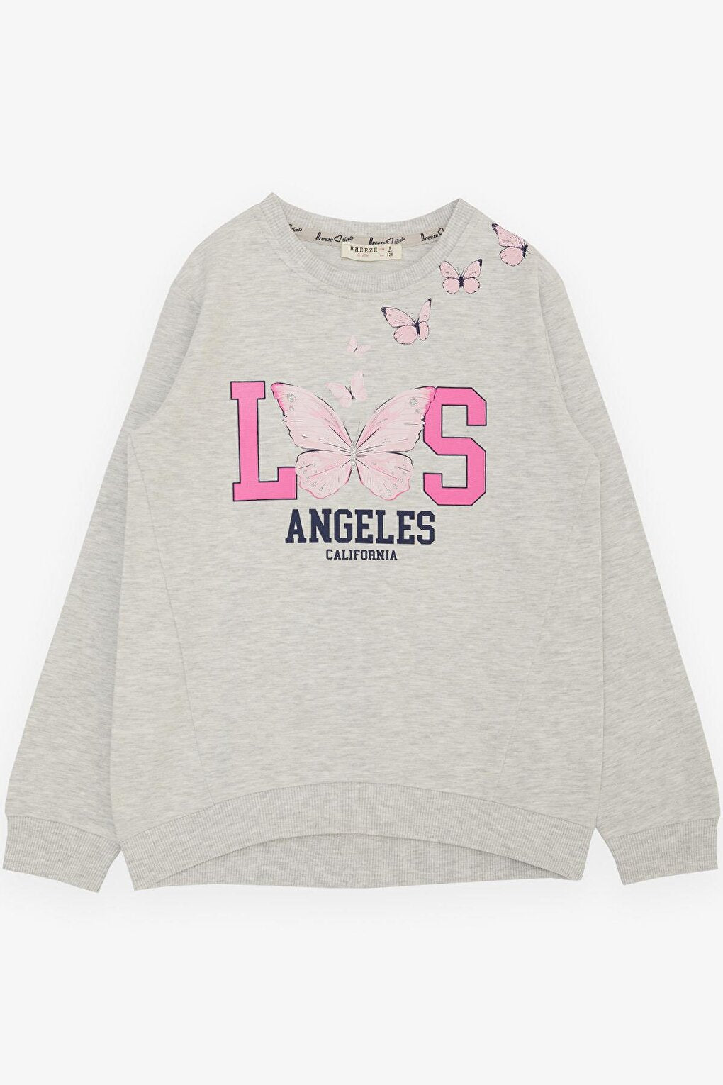 Girl's Sweatshirt Glitter Butterfly Printed Light Gray Melange (Ages 7-12)