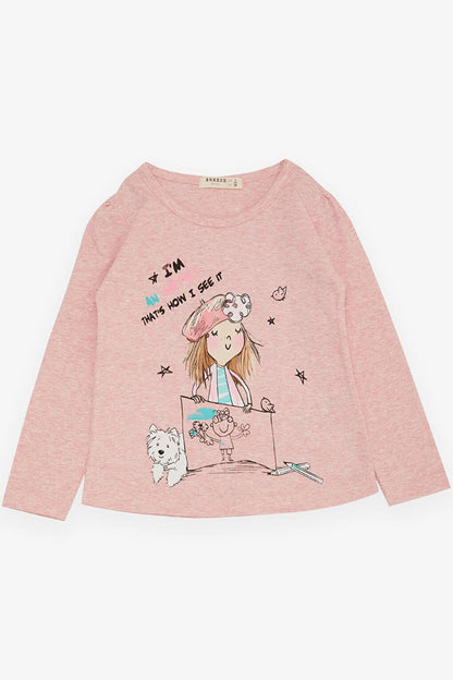 Girl's Long Sleeve T-Shirt The Girl Who Feels She's an Artist Printed Salmon Melange (Age 3-8)