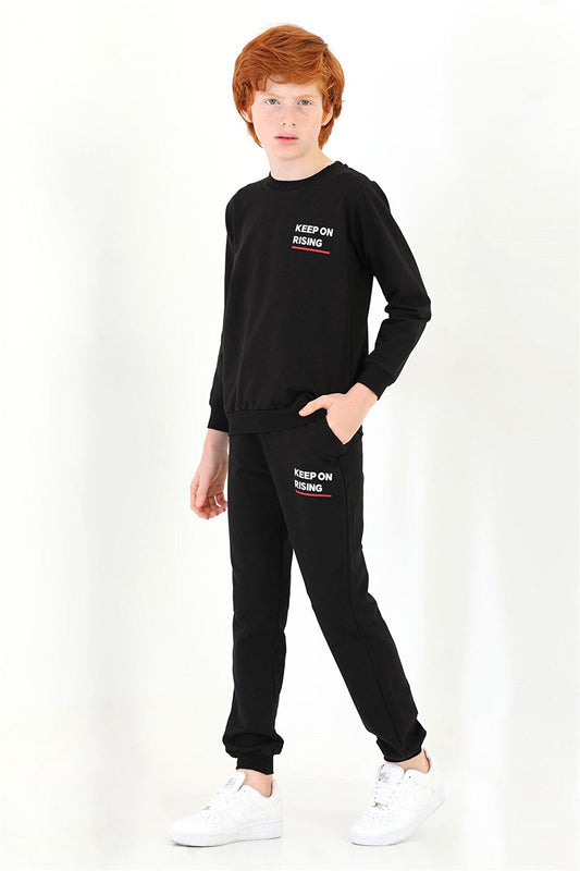 Boy's Black Colored Crew Neck Keep On Rising Printed Tracksuit Set