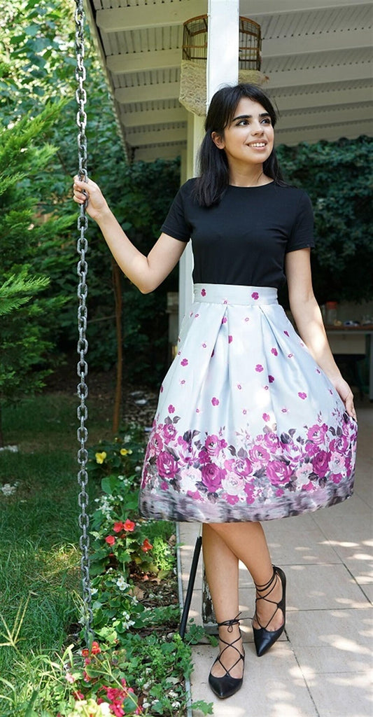 Print Patterned Midi Gray Skirt