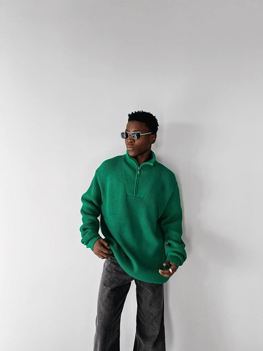 Half Zipper Knitted Sweater Green