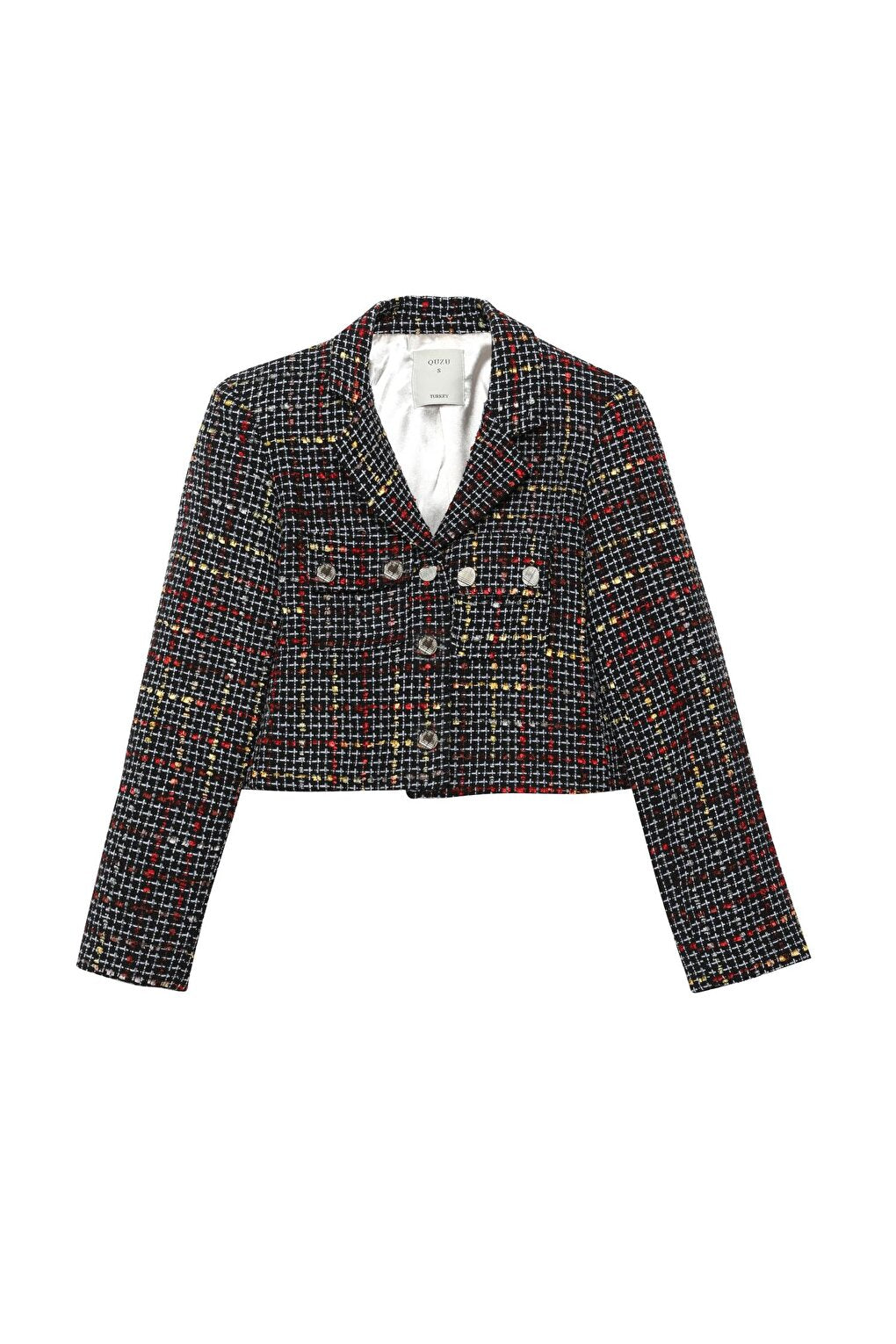 Button Detailed Tweed Crop Blazer Jacket Black