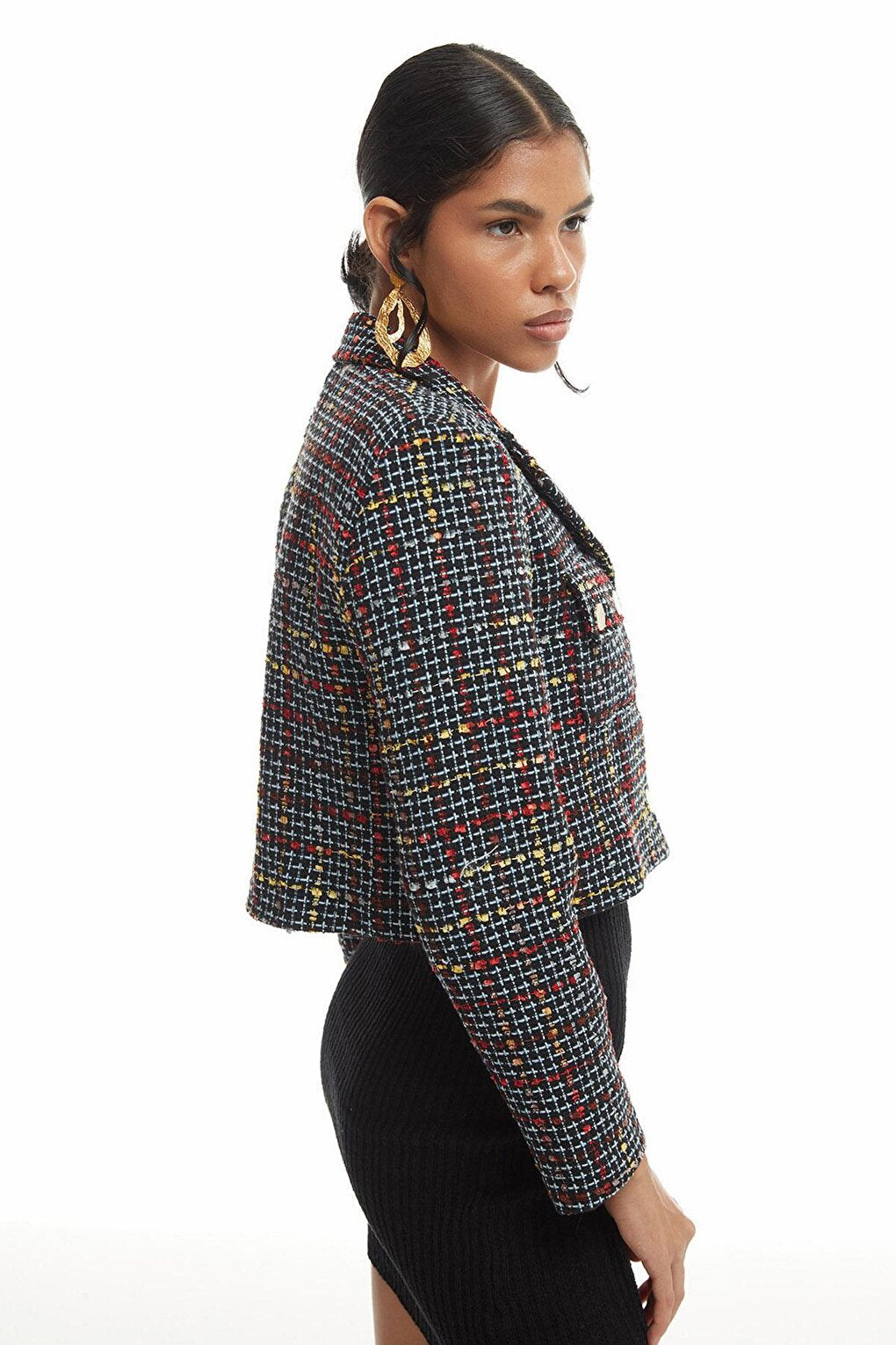 Button Detailed Tweed Crop Blazer Jacket Black