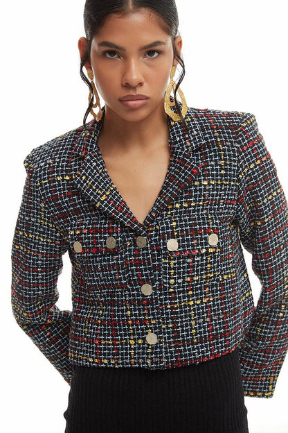 Button Detailed Tweed Crop Blazer Jacket Black