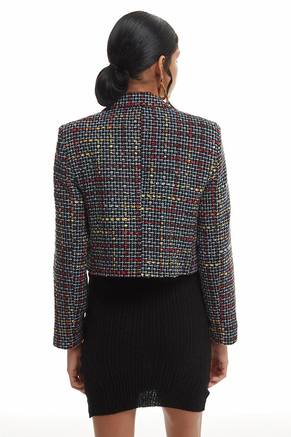 Button Detailed Tweed Crop Blazer Jacket Black