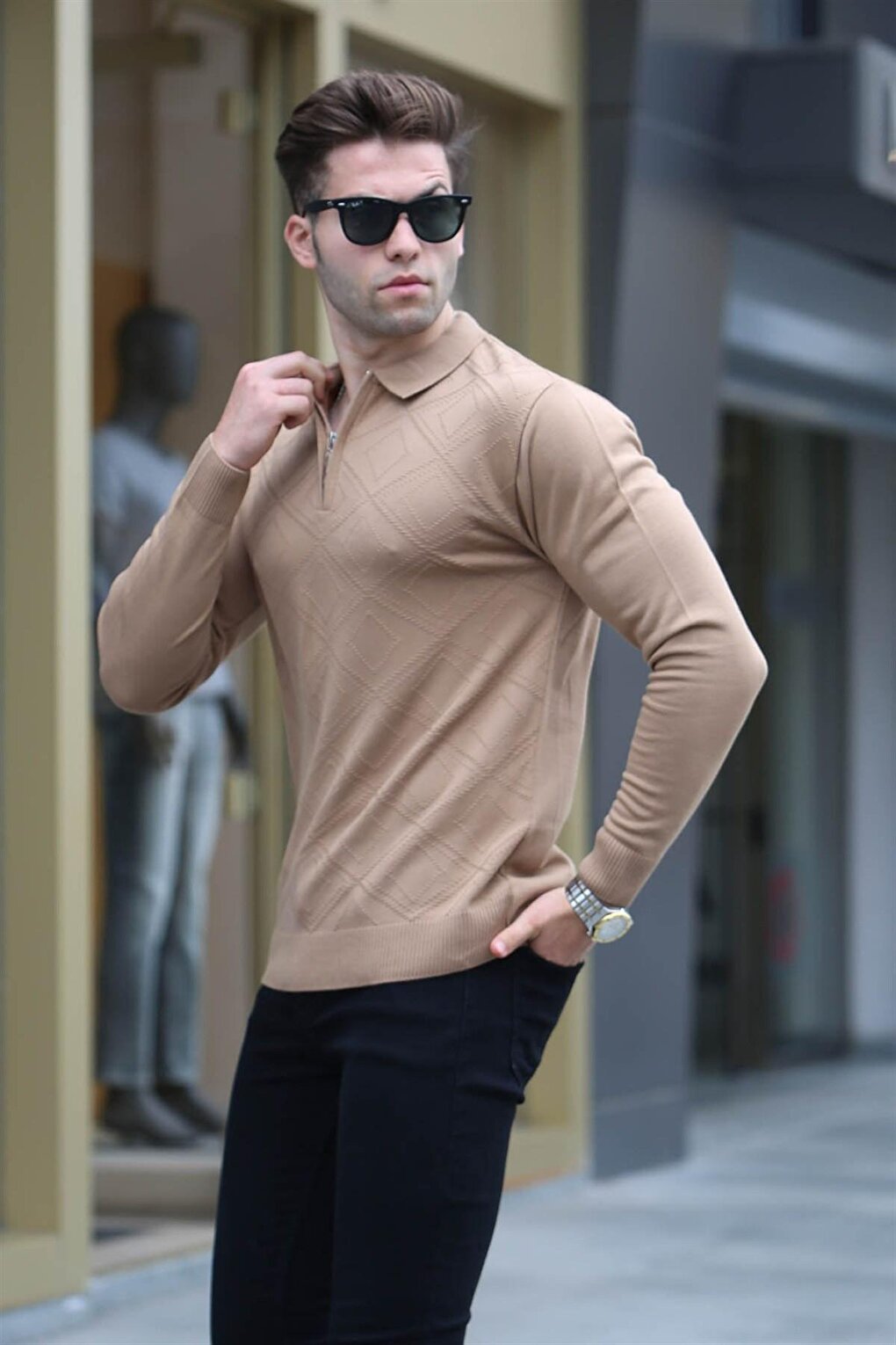 Beige Zipper Detailed Polo Neck Knitwear Sweater 5973