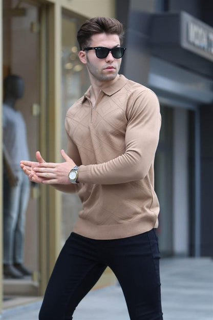 Beige Zipper Detailed Polo Neck Knitwear Sweater 5973