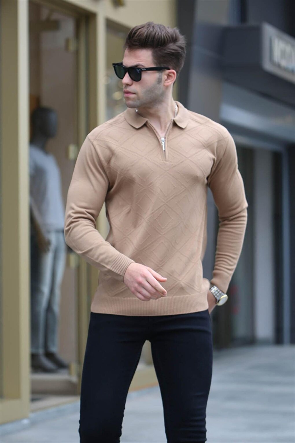 Beige Zipper Detailed Polo Neck Knitwear Sweater 5973