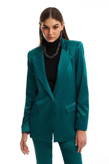 Double Breasted Satin Blazer Jacket Dark Green