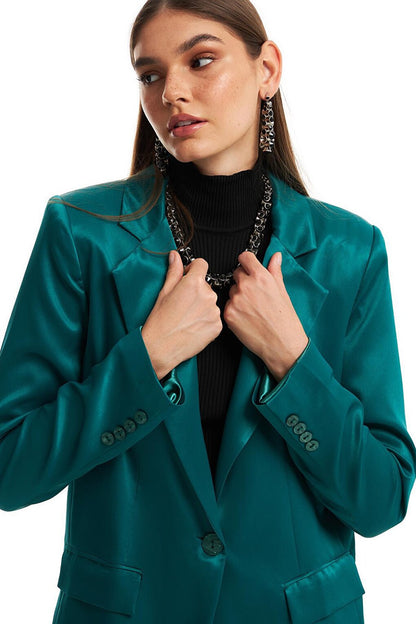 Double Breasted Satin Blazer Jacket Dark Green