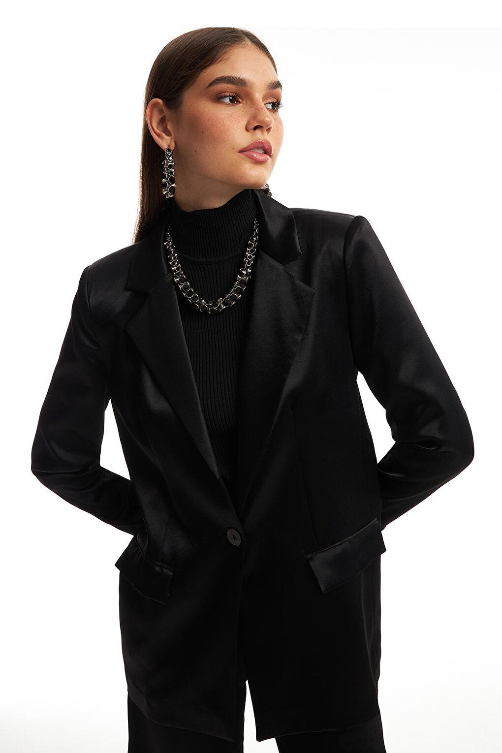 Double Breasted Satin Blazer Jacket Black