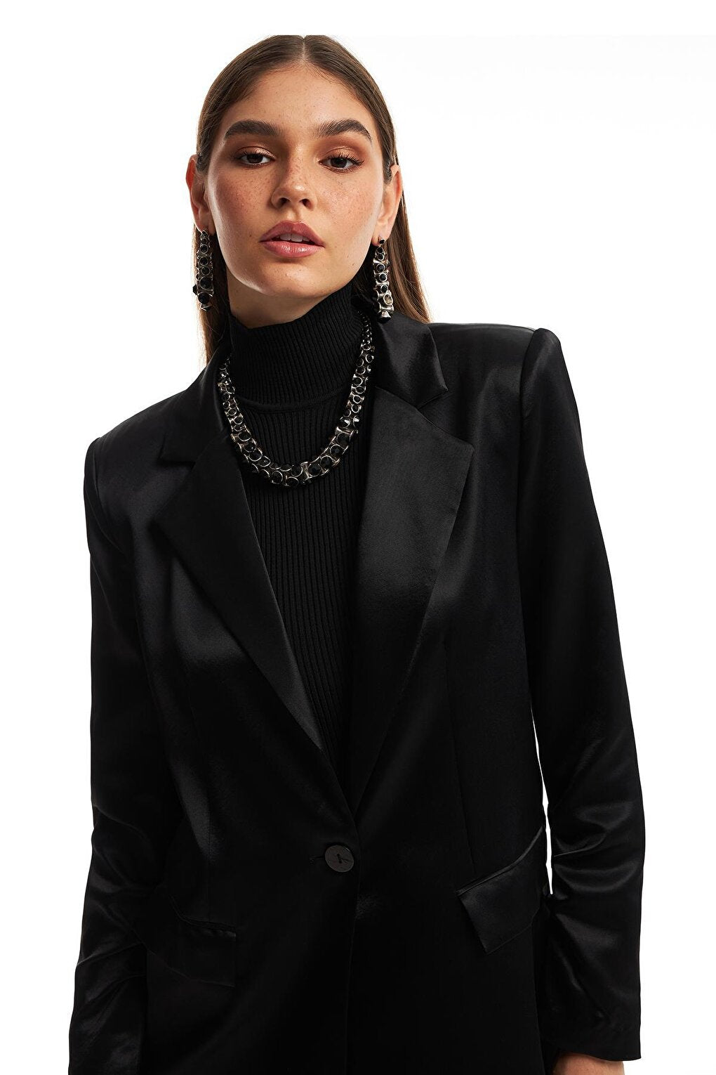 Double Breasted Satin Blazer Jacket Black