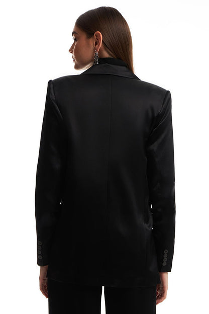 Double Breasted Satin Blazer Jacket Black