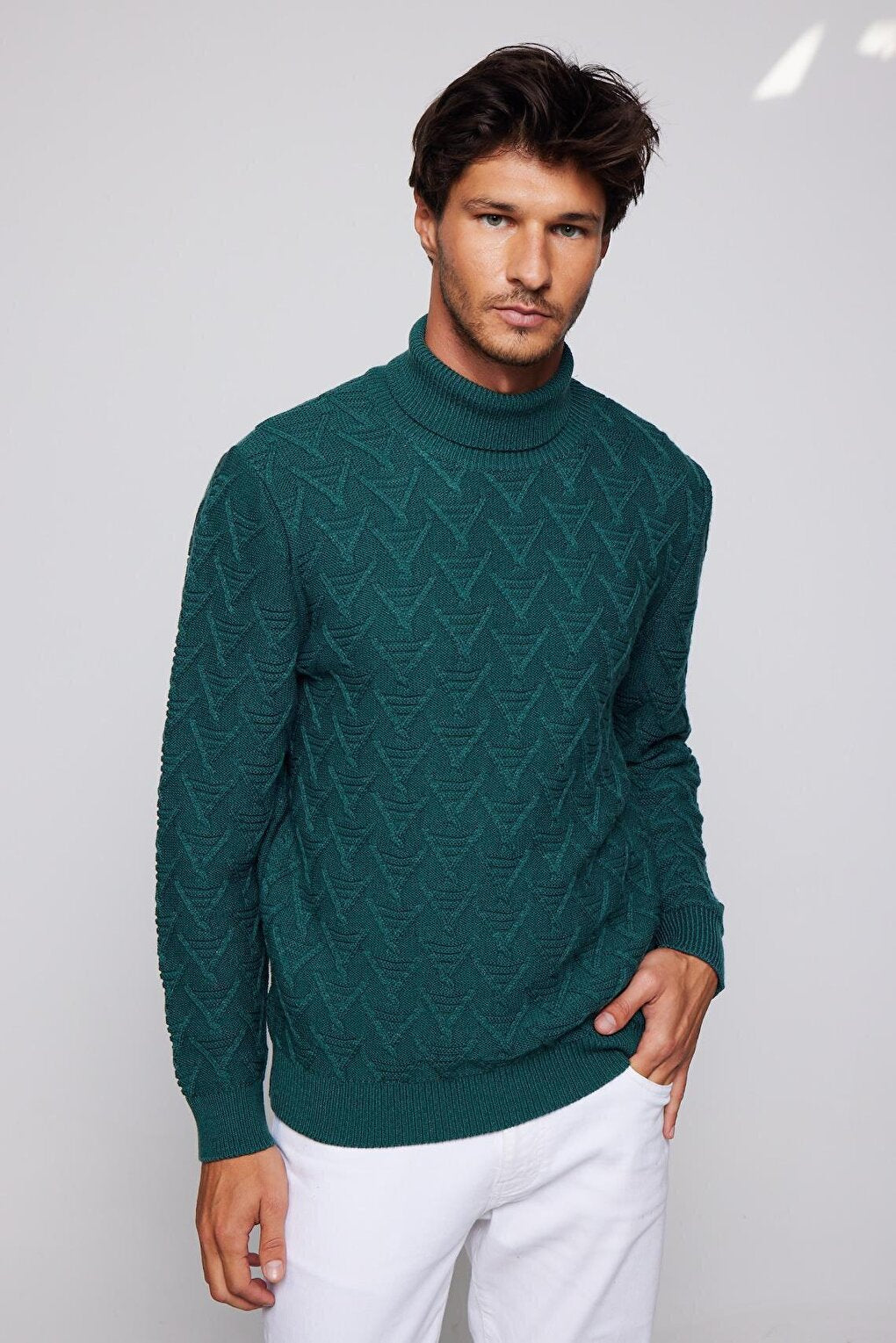 Men's Slim Fit Narrow Cut Full Turtleneck Patterned Green Sweater