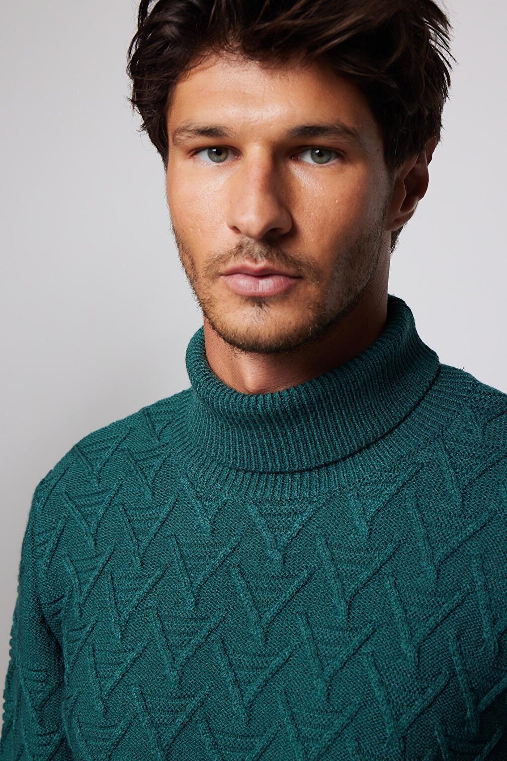 Men's Slim Fit Narrow Cut Full Turtleneck Patterned Green Sweater