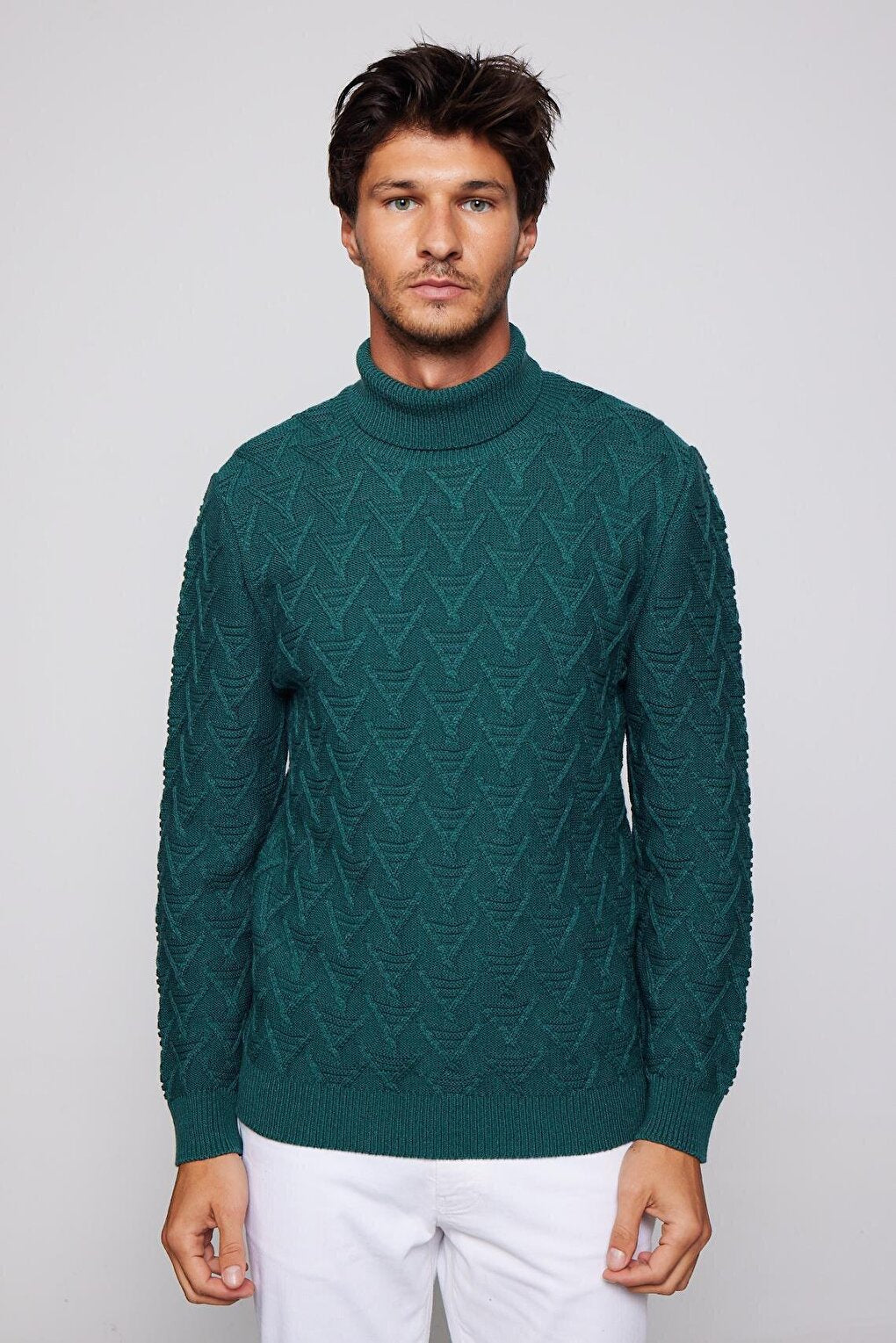 Men's Slim Fit Narrow Cut Full Turtleneck Patterned Green Sweater