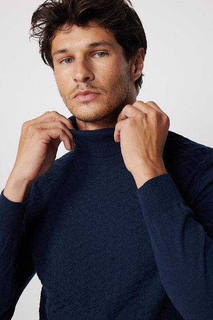 Men's Full Turtleneck Front Patterned Navy Blue Sweater