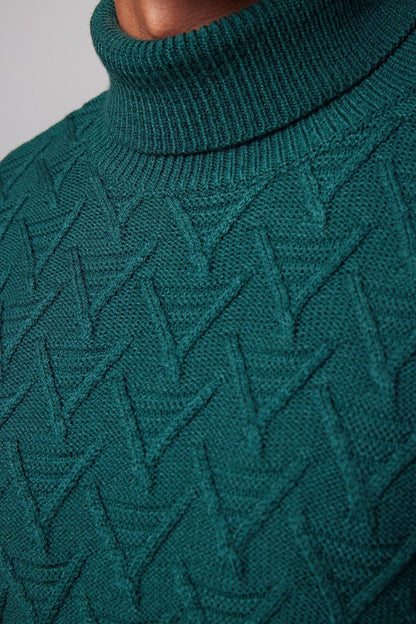 Men's Slim Fit Narrow Cut Full Turtleneck Patterned Green Sweater