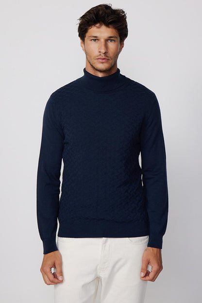 Men's Full Turtleneck Front Patterned Navy Blue Sweater