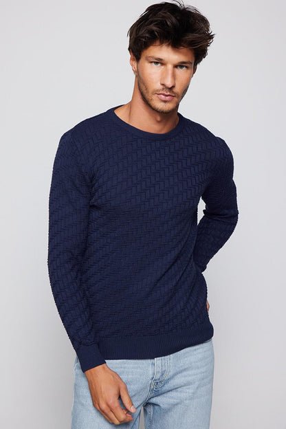 Men's Slim Fit Narrow Cut Crew Neck Patterned Navy Blue Sweater