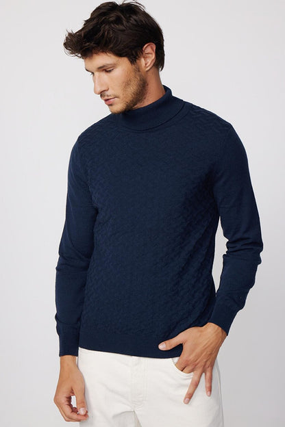 Men's Full Turtleneck Front Patterned Navy Blue Sweater