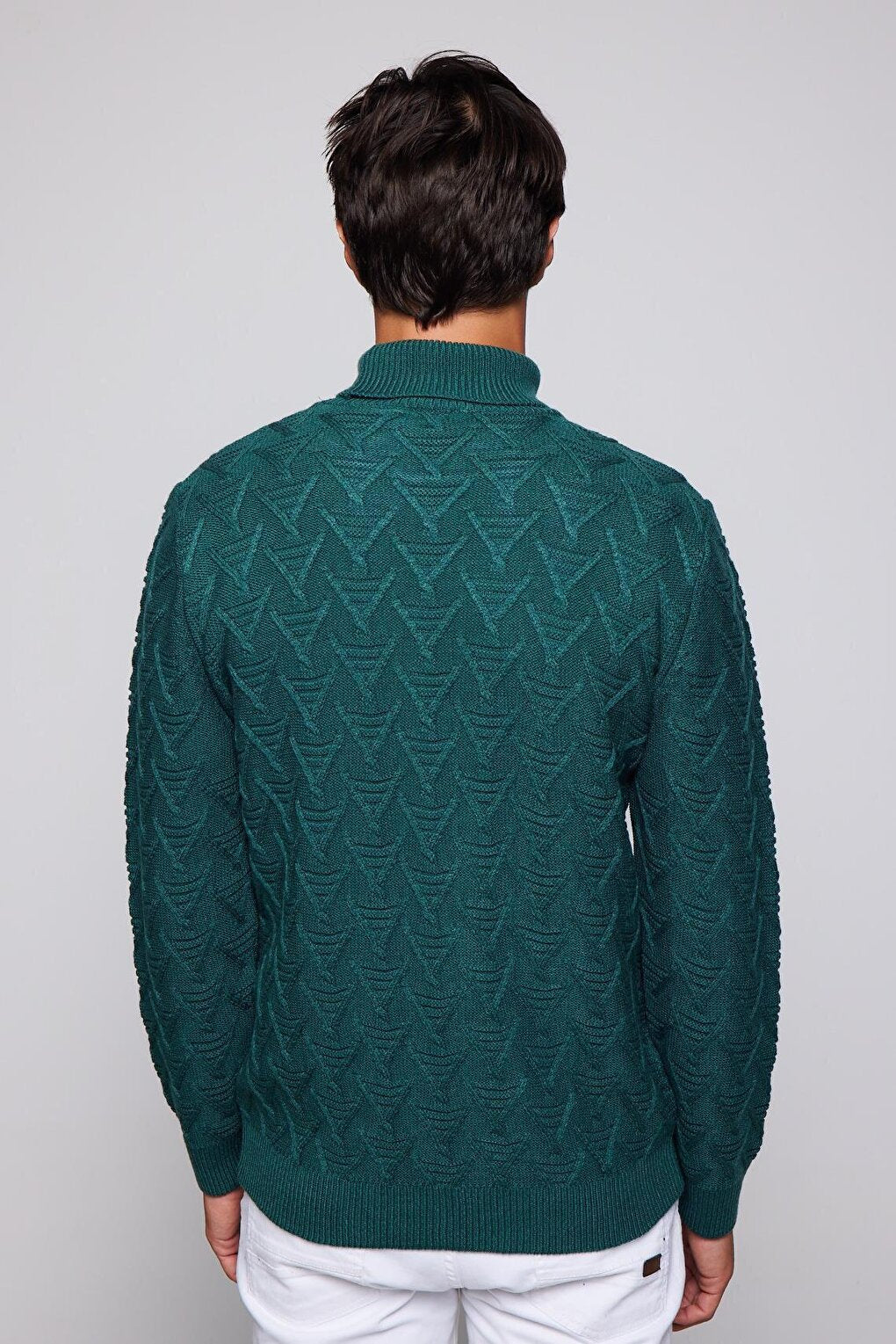 Men's Slim Fit Narrow Cut Full Turtleneck Patterned Green Sweater