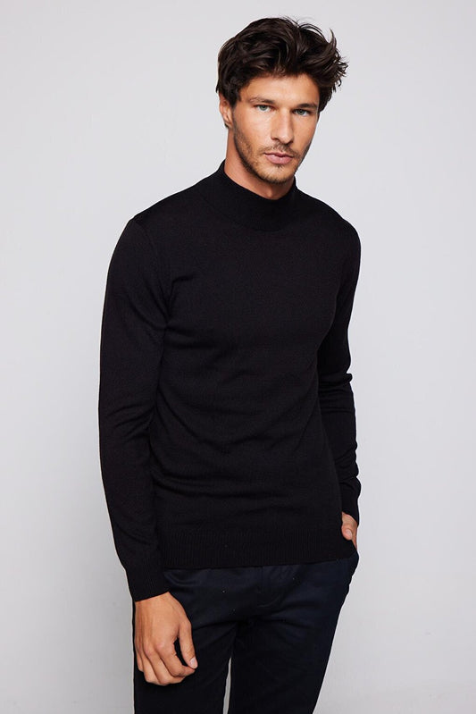 Men's Slim Fit Narrow Cut Half Turtleneck Non-Pilling Soft Textured Black Sweater