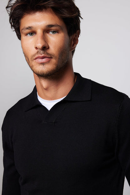 Men's Slim Fit Narrow Cut Polo V-Neck Black Sweater