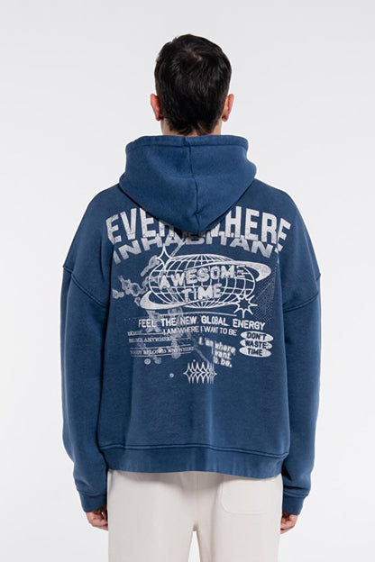 Velo Men's Blue Hooded Extra Oversize Sweatshirt Hoodie - 3 Thread Fabric with Washing Effect