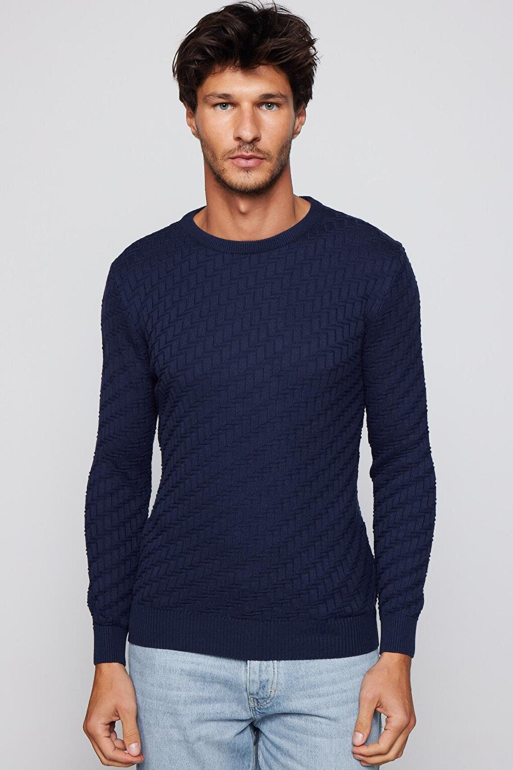 Men's Slim Fit Narrow Cut Crew Neck Patterned Navy Blue Sweater