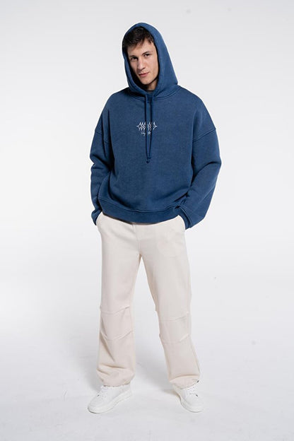 Velo Men's Blue Hooded Extra Oversize Sweatshirt Hoodie - 3 Thread Fabric with Washing Effect