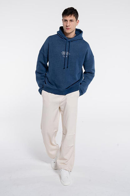 Velo Men's Blue Hooded Extra Oversize Sweatshirt Hoodie - 3 Thread Fabric with Washing Effect