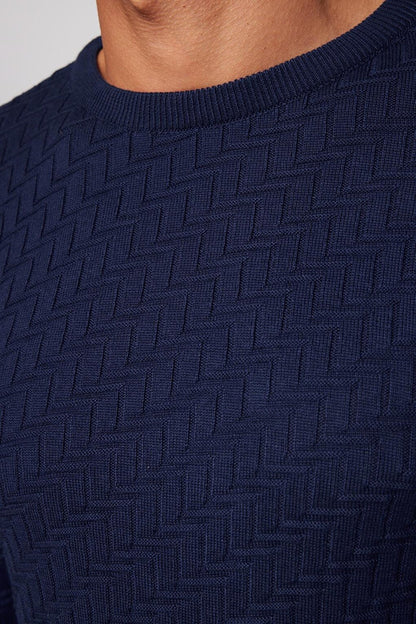 Men's Slim Fit Narrow Cut Crew Neck Patterned Navy Blue Sweater