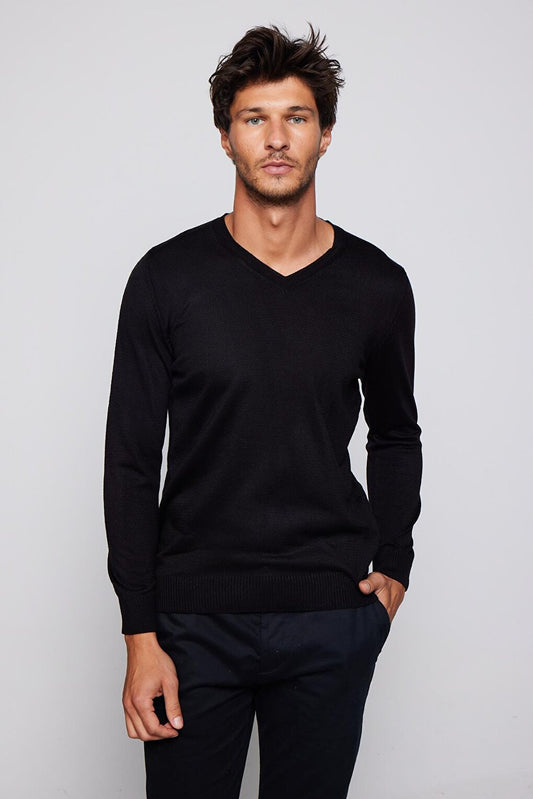 Men's Slim Fit Narrow Cut V-Neck Soft Textured Black Sweater