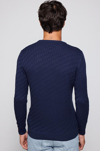 Men's Slim Fit Narrow Cut Crew Neck Patterned Navy Blue Sweater