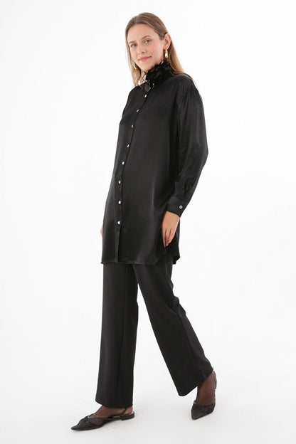 Black Collar Shirt Tunic with Slits on the Sides