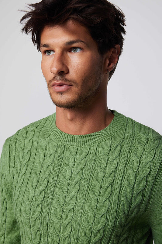 Men's Slim Fit Crew Neck Patterned Green Sweater