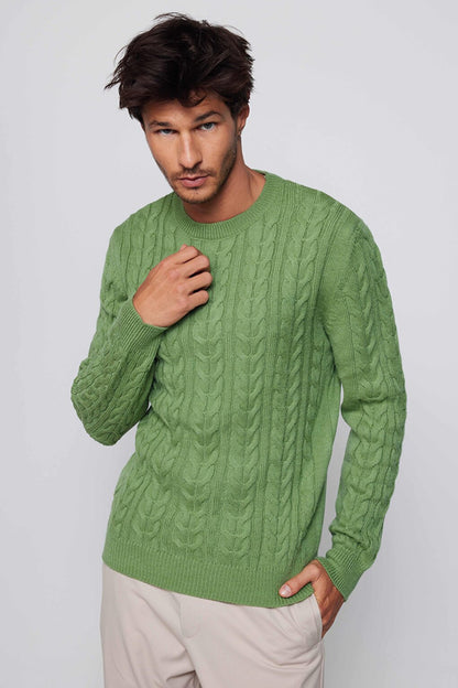 Men's Slim Fit Crew Neck Patterned Green Sweater