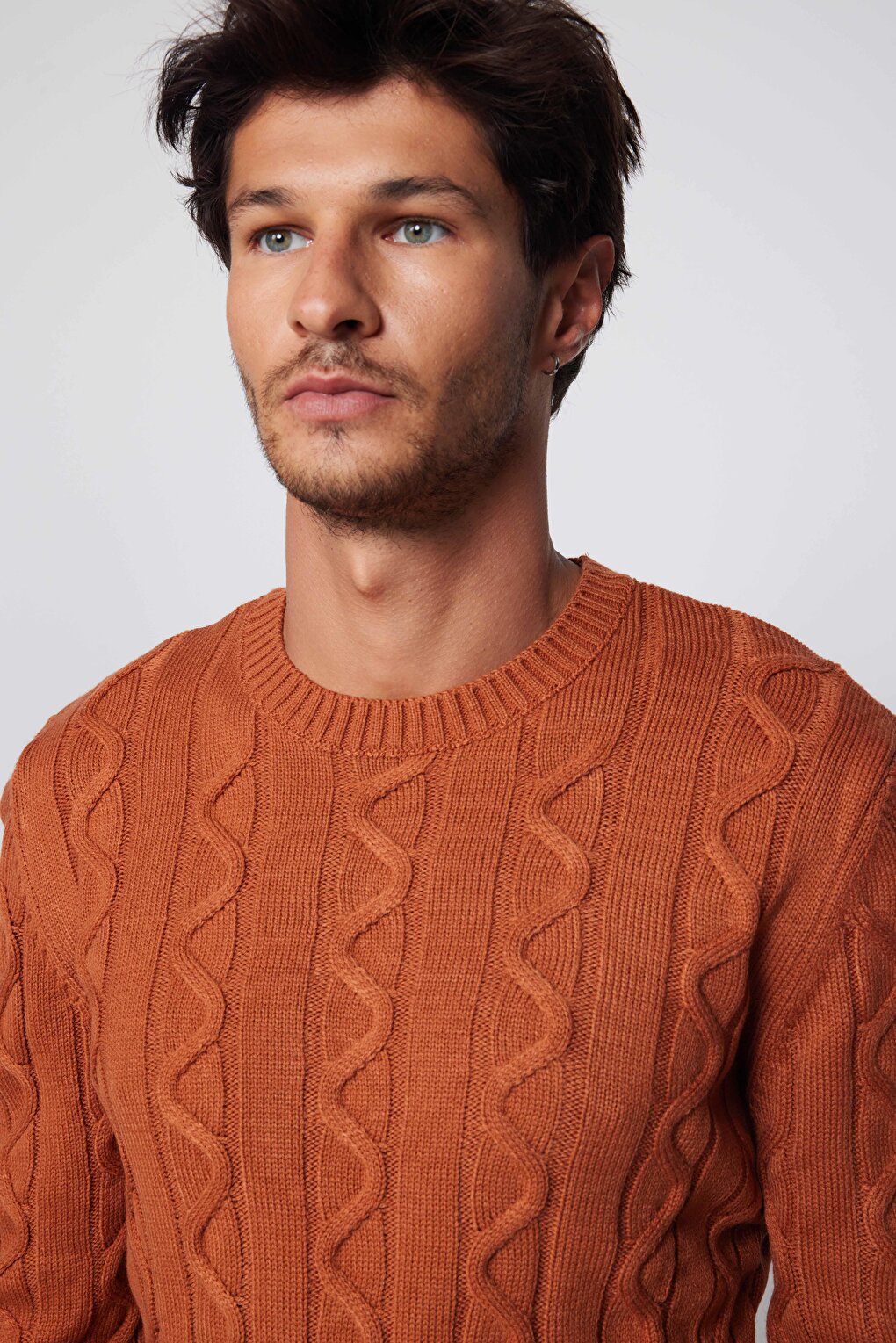 Men's Slim Fit Crew Neck Patterned Cinnamon Sweater