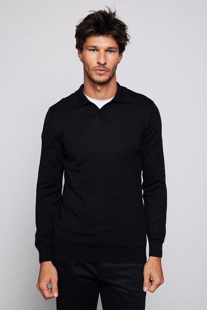 Men's Slim Fit Narrow Cut Polo V-Neck Black Sweater