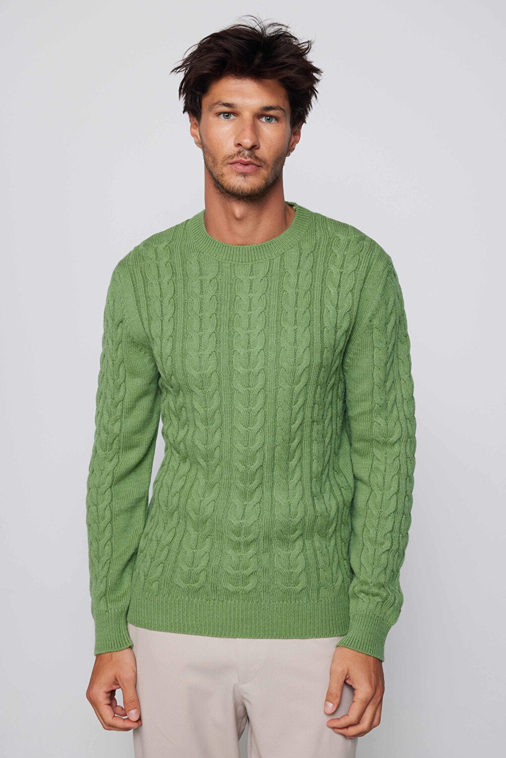 Men's Slim Fit Crew Neck Patterned Green Sweater